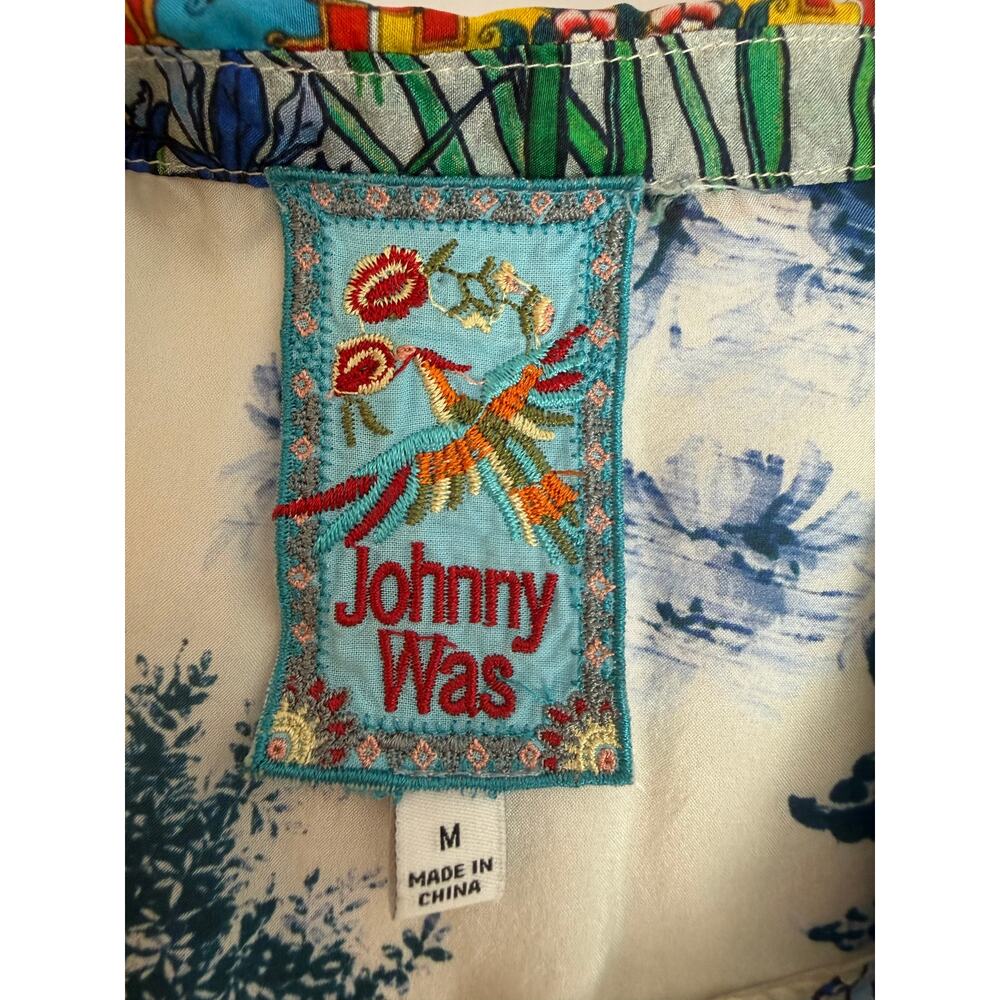 Johnny Was 100% Silk Botanical Blouse M Button Front Bird Floral Piped Collar - Picture 11 of 16